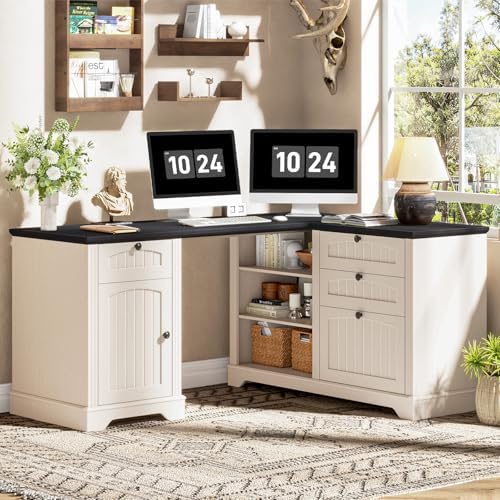 Farmhouse L Shaped Desk with Drawers, Corner Computer Desk for Home Office - Image 3