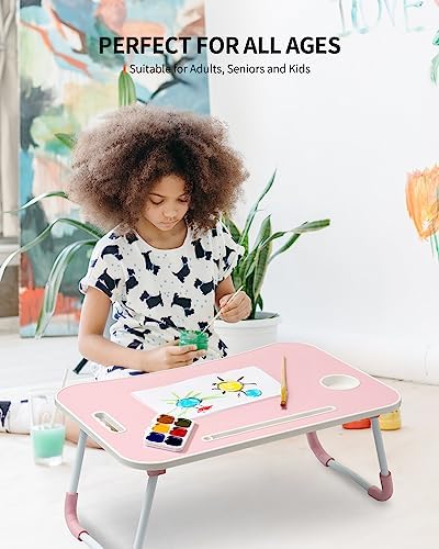FISYOD Foldable Laptop Table, Portable Lap Desk Bed Table Tray, Laptop Stand with Cup Holder & Tablet Slot & Lifting Handle for Working Writing Drawing & Eating (Pink) - Image 3