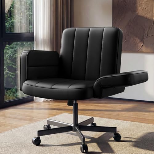 HUANUO Criss Cross Chair with 6-Point Adjustable Armrests, Pet-Friendly Criss Cross Office Chair, Comfortable Cross Leg Chair with Wide Seat, Durable PU Leather, Side Storage Pocket, Easy Assembly by HUANUO