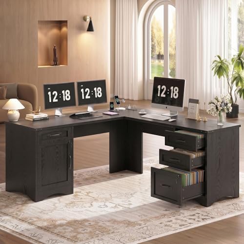 Decofy 67" Farmhouse L Shaped Standing Desk with Drawers Home Office Executive Desks with Fast Charging Station, Lockable File Cabinet, Wood Writing Computer Desk for Work, Study - Image 4