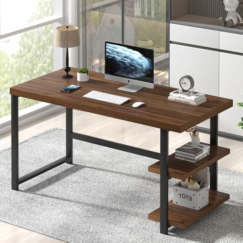 FOLUBAN 47 Inch Computer Desk, Small Home Office Desk with Storage Shelves, Industrial Writing Study Gaming Table Workstation for Living Room Bedroom, Rustic Walnut by FOLUBAN