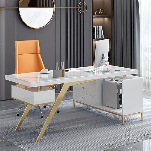 LAKIQ L-Shape Executive Desk with File Cabinet Storage Stone Countertop Modern Computer Desk with Pedestal Writing Desk Table for Home Office-Without Chair(Left Hand Return,63" L x 47.2" W x 29.5" H) by LAKIQ