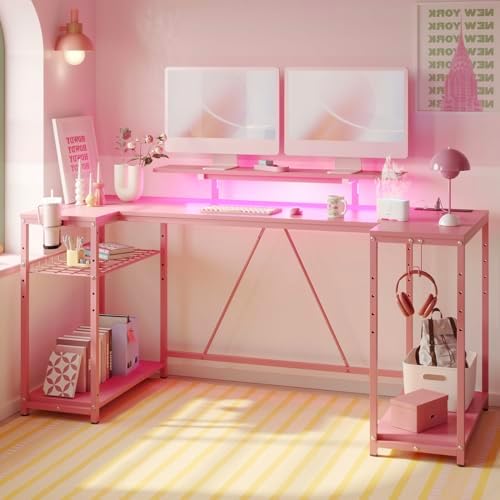 Bestier Pink Gaming Desk, 63 inch U Shaped, Pink 3D Carbon Fiber - Image 6