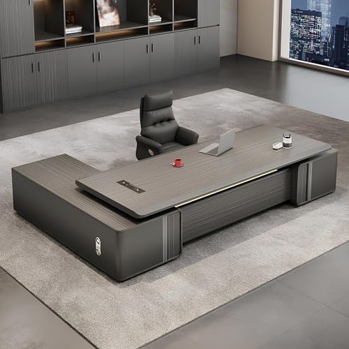 Modern L-Shaped Executive Desk with Drawers, Wooden Office Desk with Hidden Power Outlet, Digital Combination Lock, Aluminum Inlaid Desktop for Home & Professional Office - Image 4