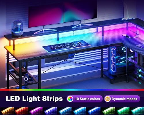 ODK 66" Large L Shaped Gaming Desk with Power Outlet & LED, Black - Image 6