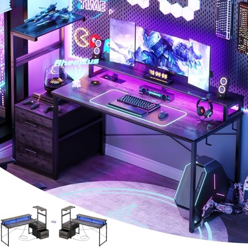 Aheaplus 59" Gaming Desk with RGB LED & Power Outlet &PC Case/Printer Stand by Aheaplus