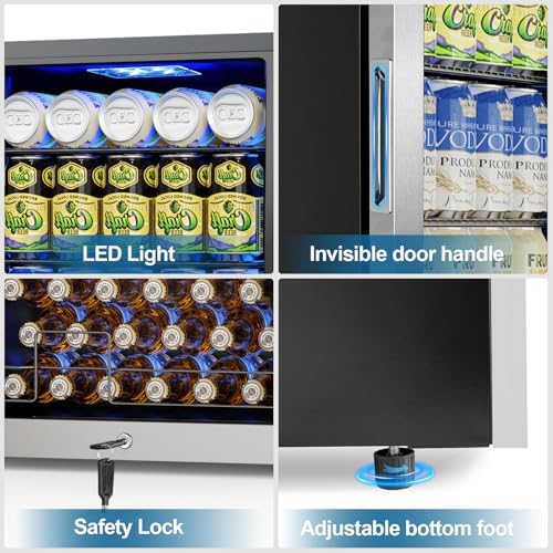 Velivi Mini Beverage Refrigerator 3.2 Cu. Ft Small Fridge 126 Can Lockable Drink Cooler with Glass Door, Safety Lock, For Beer Soda, Silver - Image 4