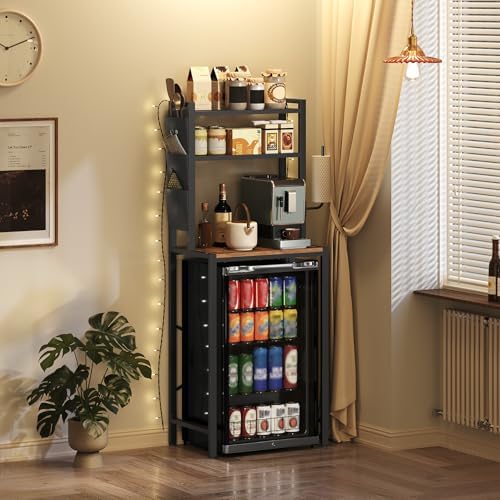 MAHANCRIS Bakers Rack with Mini Fridge Shelf, 3-Tier Microwave Stand, Coffee Bar Station with Paper Holder, Freestanding Kitchen Storage Rack, for Kitchen, Rustic Brown and Black BRHR5401 - Image 4