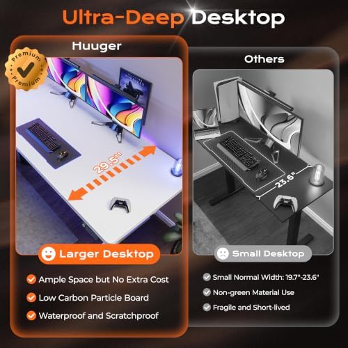 Huuger 71 x 30 Large Electric Standing Desk, Height Adjustable Computer Desk, 29.5" Deep Desktop, Stand up Gaming Office Table with 2 Hooks, 3 Preset Heights, for Home Office, White - Image 5