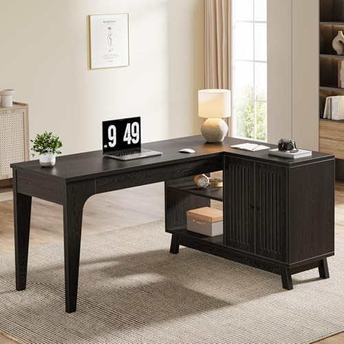 Tribesigns 57-Inch L-Shaped Desk, Office Computer Desk with Storage, Wooden Corner Workstation, Study Writing Table for Home Office (Black) by Tribesigns