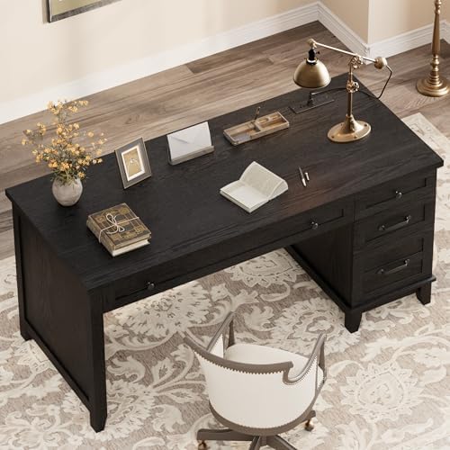 Garvee 53.5" Wooden Home Office Desk with File Drawers, Executive Desk with Power Outlet, Farmhouse Wood Desk with Storage, Distressed Study and Work Table, Rustic Black - Image 3