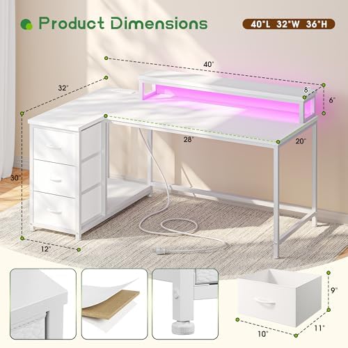EnHomee 40"White L Shaped Desk with 3 Storage Drawers for Teen Gamers Study - Image 2