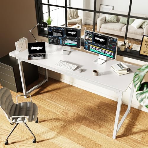 Huuger Computer Desk, 63 Inch Office Desk, Gaming Desk with Storage, Writing Desk Work Desk for Home Office, Study, Modern Simple Desk, Large Legroom, Metal Frame, White - Image 6