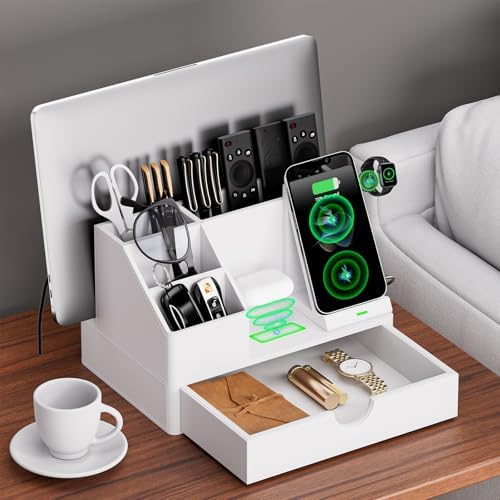 Sleek White PU Leather Charging Station with Drawer - 6-in-1 Multi-Device Desktop Organizer Docking Hub for iPad, Tablet, Laptop, Phone, Watch, Office Home Gift Idea - Image 3