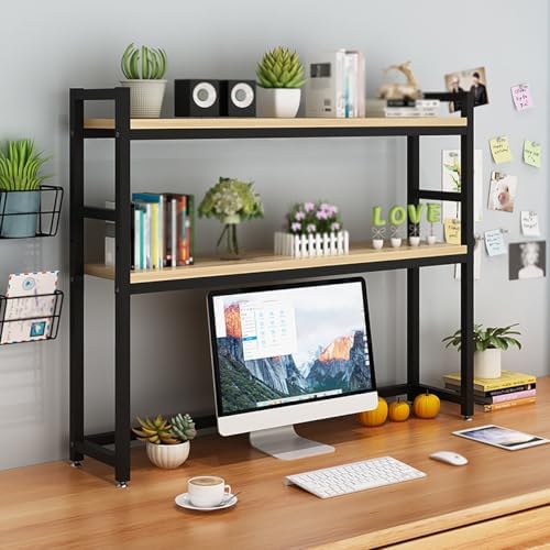 Desk Hutch Shelf Dorm Adjustable 3 Tier Countertop Desktop Bookshelf, Metal Hutch Bookcase Organizer for Office Computer Desk(Black+Natural Wood,135cm/53.1in) by Unknown