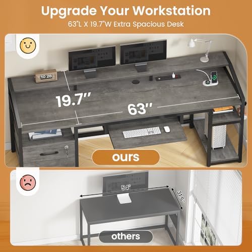 SEDETA 63" Computer Desk, Office Desk with Lockable Drawers for Legal/Letter File, Gaming Desk with LED Lights & Power Outlet, Home Office Desks with Storage, Grey - Image 5