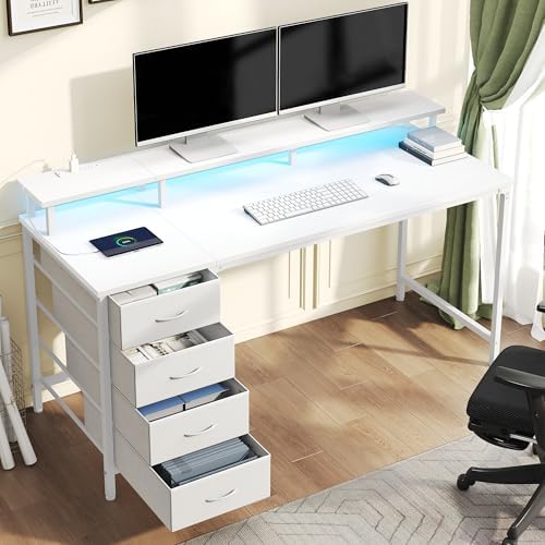 DUMOS 40-Inch Gaming Desk with Power Outlets and LED Lights, White - Image 2