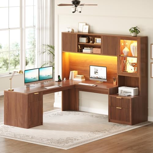 SEDETA 67" x 65" L Shaped Desk with Hutch, RGB LED Corner Computer Desk with Power Sockets, Fluted Home Office Desk with File Drawer, Storage & Glass Display Cabinets for Gaming & Working, Brown by SEDETA