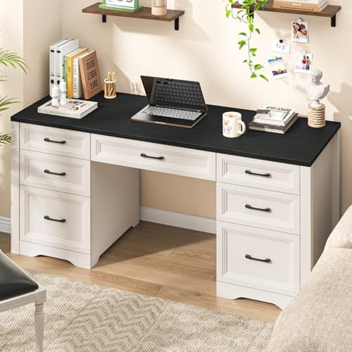 Vabches Farmhouse Executive Desk, Wood Home Office Desk with 2 Large File Drawers and 5 Storage Cabinets, Rustic Writing Desk for Work and Study, Black by Vabches