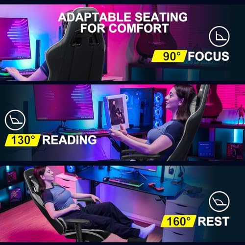 GTPLAYER Gaming Chair with Footrest, Ergonomic Computer Game Desk Chair, Reclining Gamer Chair Seat Height Adjustment, Swivel Rocker with Headrest and Lumbar (Gray) - Image 4