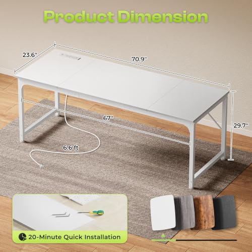 PRAISUN 70 x 24 Inch Computer Desk with Power Outlets & USB-C, White - Image 3