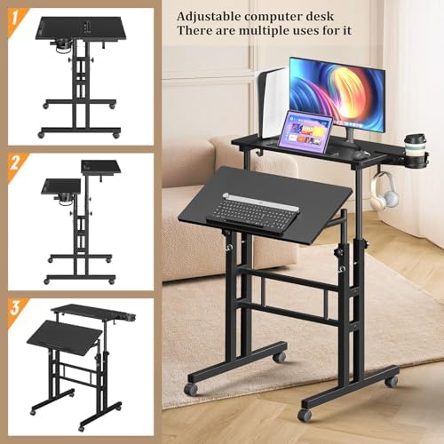Enayplon Small Standing Desk with Wheels, Mobile Stand Up Desk, Portable Standing Table on Wheels for Walking Pad, Rolling Computer Desk Adjustable Height, Tall Table - Image 4