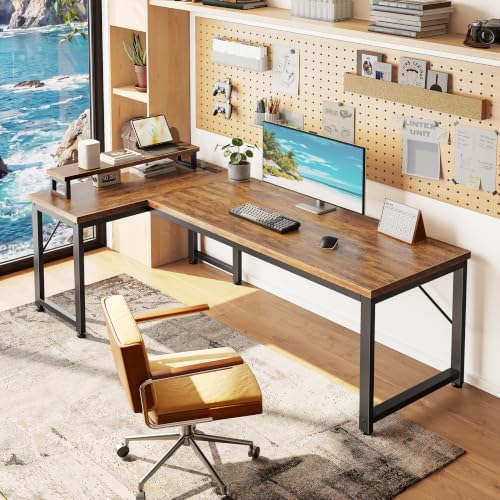 PRAISUN 53" L Shaped Computer Desk, Outlets, Monitor Stand, Rustic Brown - Image 2