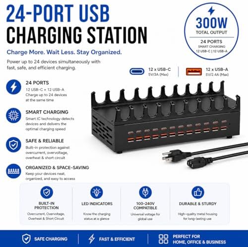 USB Charging Station 300W 24 Ports, Smart Power Distribution and Safety Protection PD/QC Charging Technology Multi Port Fast Charger with 12 USB-C and 12 USB-A for Multiple Devices - Image 2