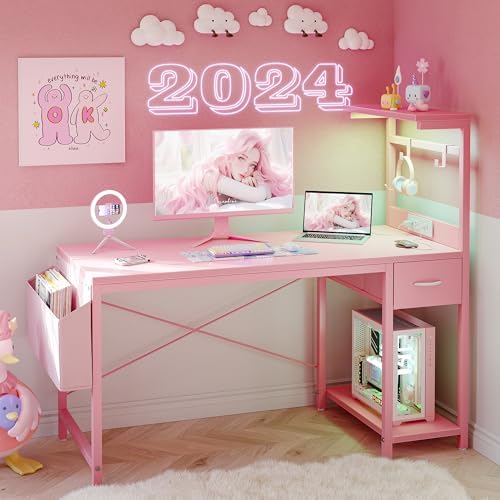 TIQLAB Gaming Desk 40 inch with Power Outlet and LED Light, Computer Desk with Reversible Shelves and Storage Drawer, Small PC Desk for Home Office Table with Bag, Carbon Fiber Pink - Image 2