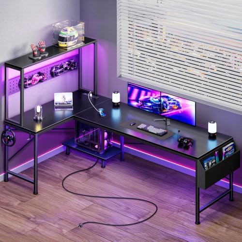 PRAISUN L Shaped Gaming Desk with LED Lights & Power Outlets by PRAISUN