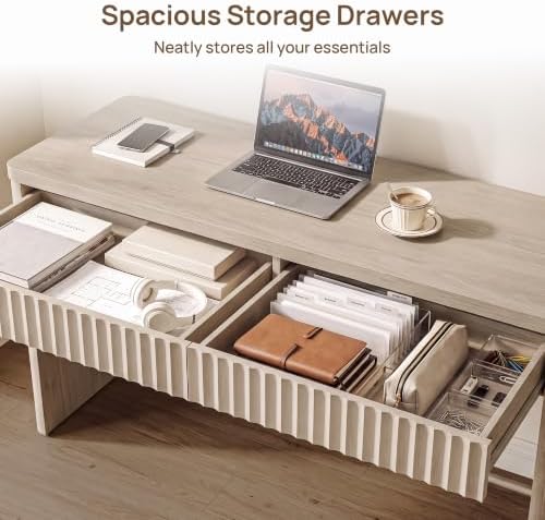 SICOTAS Office Computer Desk with 2 Drawers Modern Executive Writing Desk 48.8" Large Work Home Office Desks with Storage Fluted Makeup Vanity Table Study Table for Living Room Bedroom, White Alder - Image 4