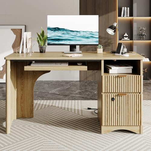 Bestier 55" Desk with Fingerprint Lock & Charging, Keyboard Tray, Oak - Image 2