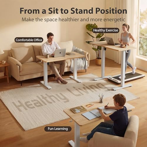 Cubiker Standing Desk, 48x24 Inches Sit Stand Home Office Desk, Electric Stand up Desk, Adjustable Desk with Splice Board, White Frame/Maple Top - Image 2