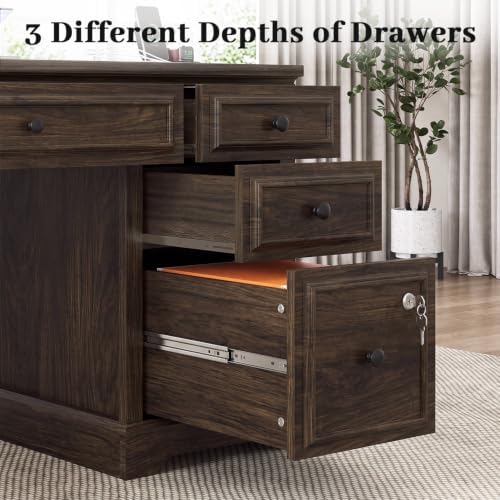 Vipbear 59" Farmhouse Executive Desk with Drawers, Wood Home Office Computer Desk, Featuring Lockable File Drawer, Storage Cabinet & Power Outlet Storage Cabinet for Work Study Writing (Walnut Brown) - Image 7