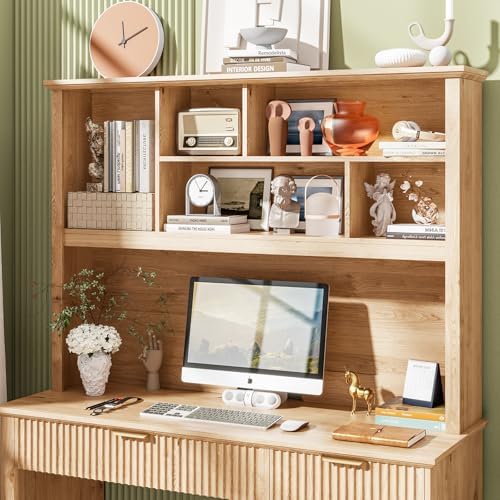 Vabches Fluted Executive Desk with Drawers, Wood Computer Desk with Ample File Drawer, Home Office Desk with Hutch for Study, Bedroom, Living Room, Oak - Image 7