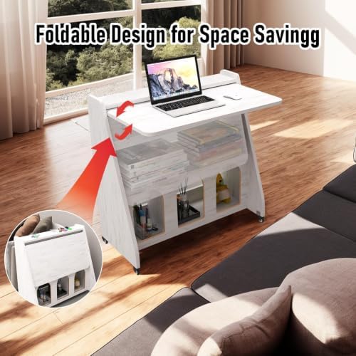 Portable Mobile Desk on Wheels, Mobile Workstation, Rolling Laptop Cart, Rolling Movable Computer Desk with Storage and Wheels for Home Office Small Space (White) - Image 5