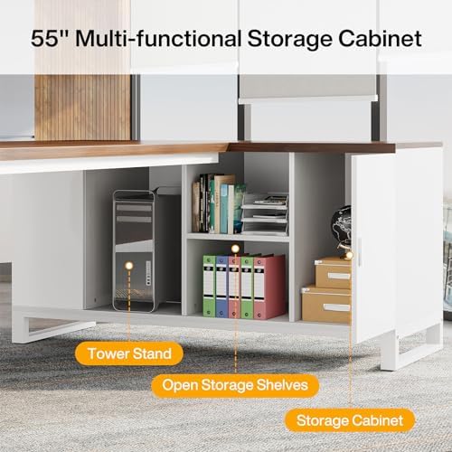 Tribesigns 70.8" L-Shaped Executive Desk with 55" File Cabinet, Large Home Office Computer Desk with Storage Shelves and Cabinet, Modern Business Furniture Set Home Office, Walnut White - Image 6