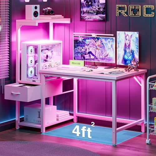 Grandder Gaming Desk 47 Inch with CPU Stand and LED Light, Computer Desk with Reversible Shelves and Storage Drawer, Pc Small Desk for Home Office Table with Bag, Pink - Image 7