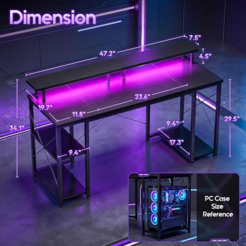 ODK 48 Inch Gaming Desk with LED Lights & Storage Shelves, Black - Image 3
