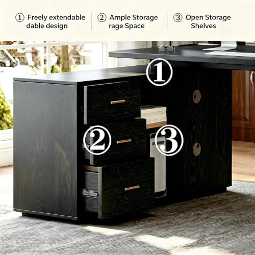71" L-Shaped Executive Desk Big Business Furniture Desk Workstation, Large Office Computer Desk with Double Pedestal and Power Outlets, Modern Simple Table Conference for Home Office, Black - Image 4