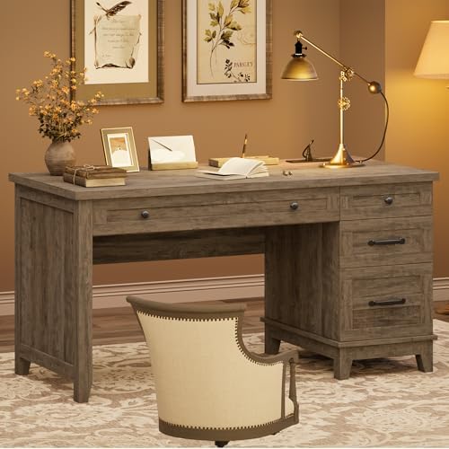 53.5" Farmhouse Home Office Desk with File Cabinet, Wooden Executive Desk with Power Outlet, Work Desk with Drawers, Traditional Wood Desk for Home and Office, Gray - Image 5