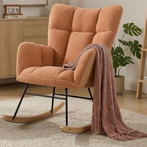 Nursery Rocking Chair, Teddy Upholstered Glider Chair with Thick Cushion, Tufted Gliding Rocker Chair with Wood Leg, Cozy Rocking Armchair, Accent Rocking Chair for Living Room (Kahaki) by Wryxplor