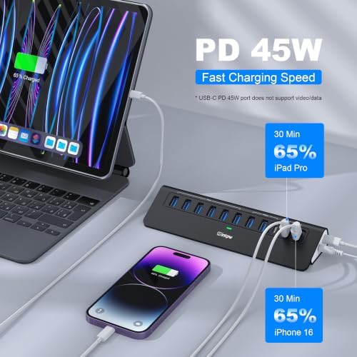 Powered USB Hub 10Gbps, Intpw YH9AC Plus 13-Port USB 3.2 Hub(USB A/USB C 3.2+6 USB-A 3.0+2 PD 45W Fast Charging Ports+SD/TF Card Reader), 65W Power Adapter,Aluminum USB HUB for PC,Laptop,iPhone 17/16 - Image 4