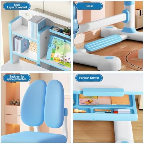 Kids Study Desk and Chair Set, Height Adjustable Children’s Table with Bookshelf & Drawer, 50‑Degree Tiltable Desktop, Ergonomic Chair for Bedroom Blue - Image 7