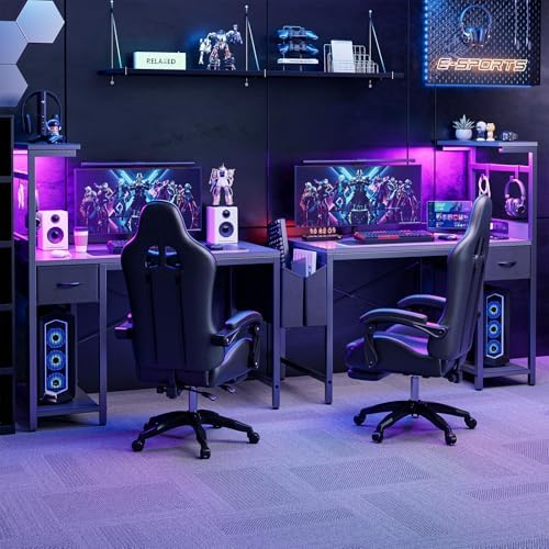 Grandder Gaming Desk 55 Inch with Power Outlet and LED Light, Computer Desk with Reversible Shelves and Storage Drawer, Pc Small Desk for Home Office Table with Bag, Carbon Fiber Grey - Image 4