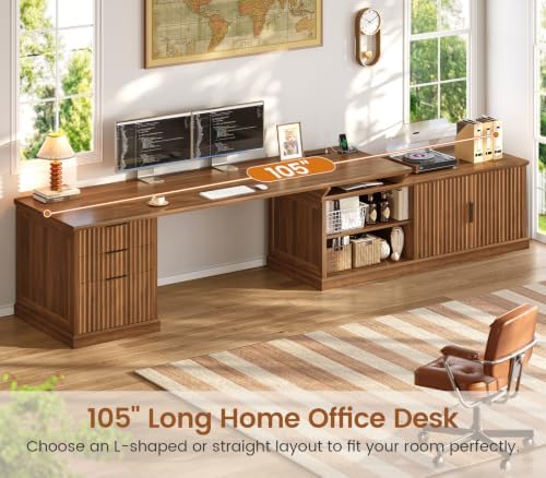 SEDETA Fluted 70.9" L Shaped Desk with Drawers and Storage Cabinet, Brown - Image 3