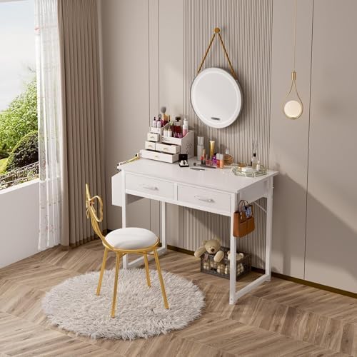 DLisiting 32 Inch Small White Desk with 2 Drawers, Study Writing Computer Desk with Storage Drawer for Bedroom Home Office, Vanity Table Without Mirror for Girls Small Spaces - Image 7