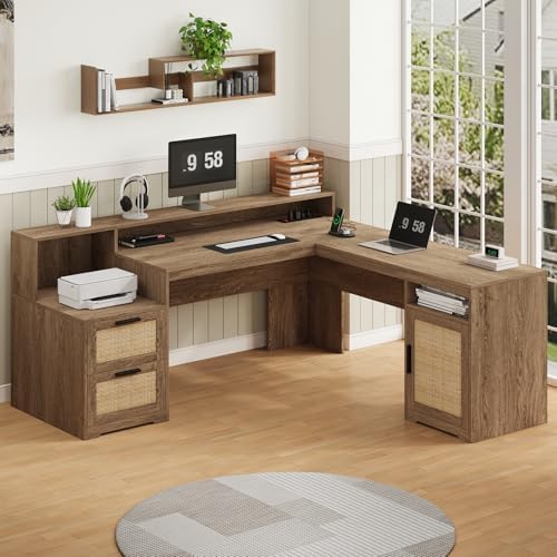 63" Rattan L Shaped Desk with Drawers & Printer Shelf for Home Office - Image 3