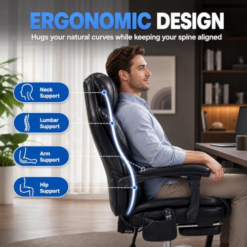 Executive Office Chair, 22.05" Wide Leather Ergonomic Office Chair with Lumbar Support, Footrest and 6-Point Vibration Massage, Reclines 94°-125° for Home Office Room, Black - Image 5
