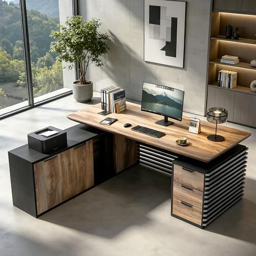 Electric Height Adjustable Executive Desk, Luxury L-Shaped Office Desk with Storage Cabinet & Charging Station, Solid Thickened Desktop, 78" Modern CEO Workstation for Home Office & Corporate Office - Image 4